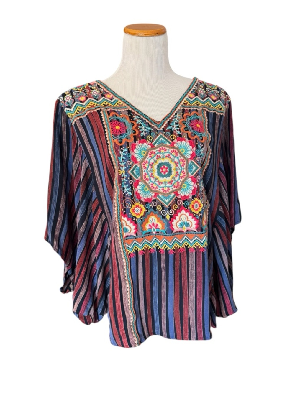 Savanna Jane Multicolor Embroidered V-Neck Striped Tunic